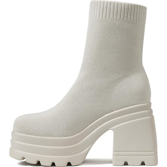 🆕Women Beige Knit Square Toe Stretch Soft Block High Heel Punk Dress Sock Boots - Picture 2 of 7